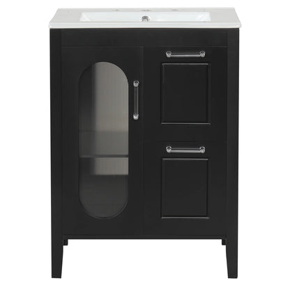 Soges 24" Bathroom Vanity with Ceramic Sink, Solid Wood Bathroom Makeup Cabinet with Door, Adjustable Shelf and 2 Drawer, Free Standing Single Basin Vanity Set for Small Bathroom, White