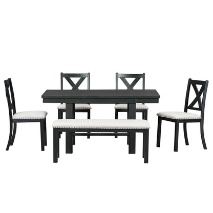 6 Piece Extendable Dining Table Set, Atumon Wood Dining Room Set for 6, Dining Table Set with 4 Beige Cushioned Chairs and Bench, Farmhouse Dining Table Set Furniture for Kitchen Dining Room, Natural
