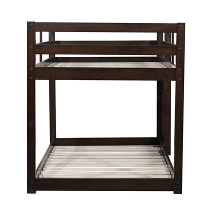 Twin Over Twin Floor Bunk Bed, UHOMEPRO Solid Wood Low Bunk Bed with Safety Rail, Ladder, Heavy Duty Bunk Beds, Space-Saving Bedroom Dorm Furniture, Gray