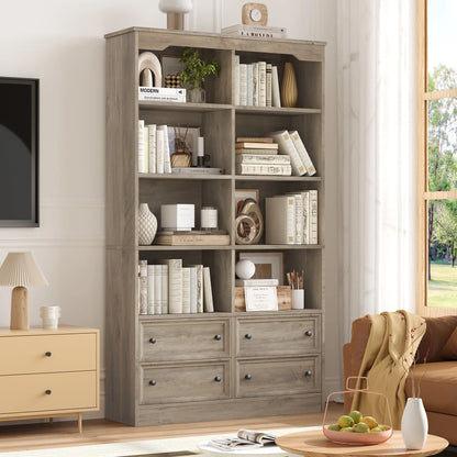 Homfa Double Row 6 Tier Bookcases, 71 in Tall Bookcase Bookshelf with 4 Drawers and 8 Display Cubicles, for Home Office Living Room, White
