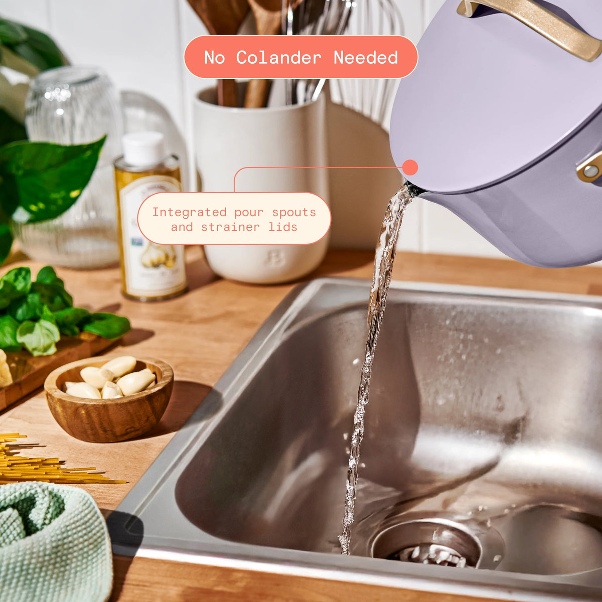 Beautiful 12pc Ceramic Non-Stick Cookware Set with Strainer Lids, White Icing by Drew Barrymore