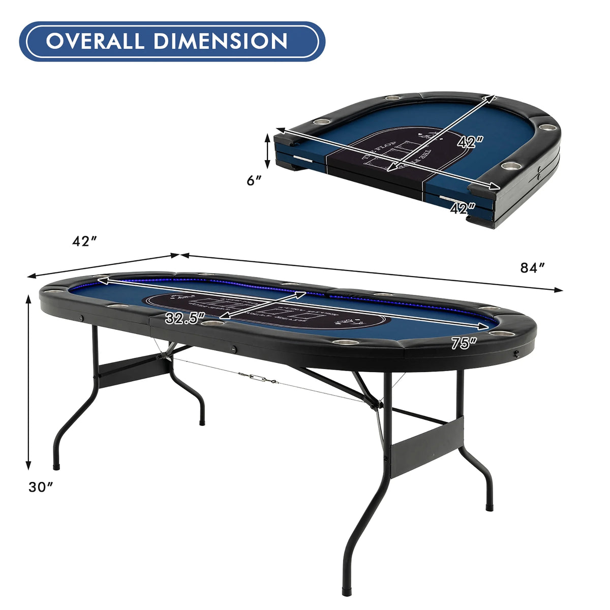 Costway Foldable, USB Ports, Led Lights 10 Player Poker Table, Blue/Black