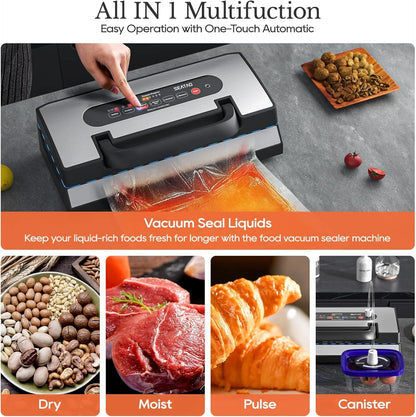 Upgraded Vacuum Sealer for Liquid, 90Kpa Vacuum Sealer Machine for Dry/Moist/Liquid Food, Easy-Lock Handle, Double Heat Seal, Built-in Cutter and Bag Storage & Removable Drip Tray