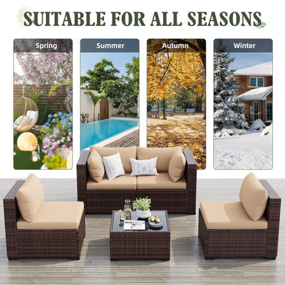 MRUAKA 8 Pieces Patio Furniture Set with Fire Pit Table, Outdoor Furniture Sectional Rattan Sofa with Slanted Back, Patio Couch with Glass Coffee Table for Backyard Garden (Dark Grey)
