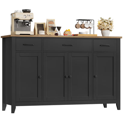 Hiphuta 55"Wide Buffet Cabinet with 2 Adjustable Shelves, Modern Farmhouse Coffee Bar with 3 Drawers and Sturdy Base for Living Room, White