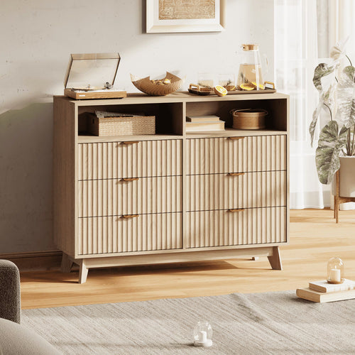 MELLCOM 6 Drawers Dressers, 45" Fluted Chest of Drawers, Wood Drawer Storage Organizer, with Metal Handle, for Bedroom, Living Room, Natural Oak