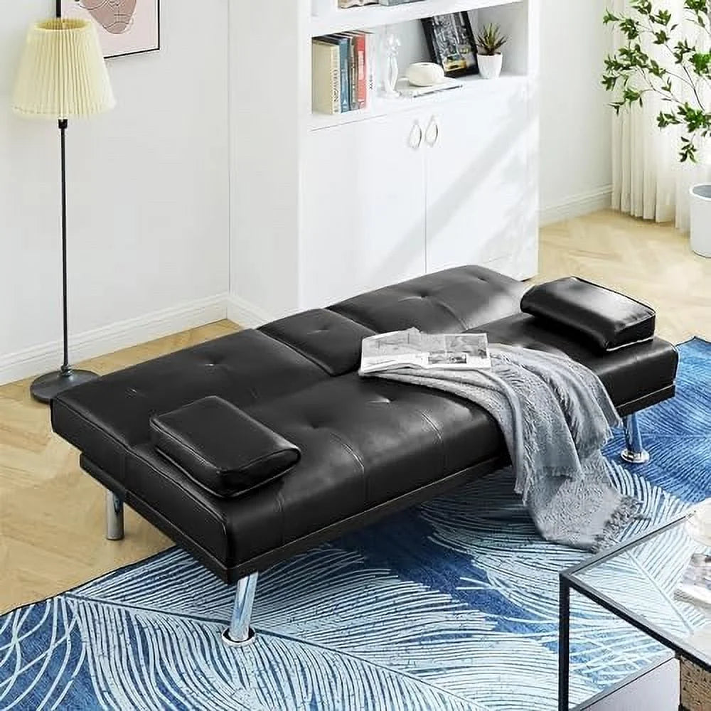 Convertible Folding Futon Sofa Bed Sleeper Couch for Living Room, Modern Faux Leather Upholstered Loveseat w/Removable Armrests, Metal Legs, 2 Cup Holders, Love Seat Sofa Bed for Small Spaces (Brown)