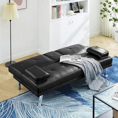 Convertible Folding Futon Sofa Bed Sleeper Couch for Living Room, Modern Faux Leather Upholstered Loveseat w/Removable Armrests, Metal Legs, 2 Cup Holders, Love Seat Sofa Bed for Small Spaces (Brown)
