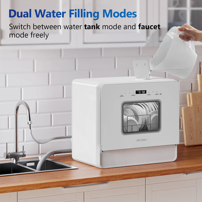 AIRMSEN 5-Place Settings Portable Countertop Dishwasher with 5L Built-in Water Tank, Ultra-Slim Dishwasher Upgrade 3 Spray Arms, 12H Delay Start and Salt Chamber Function, ZMW-DUHA01