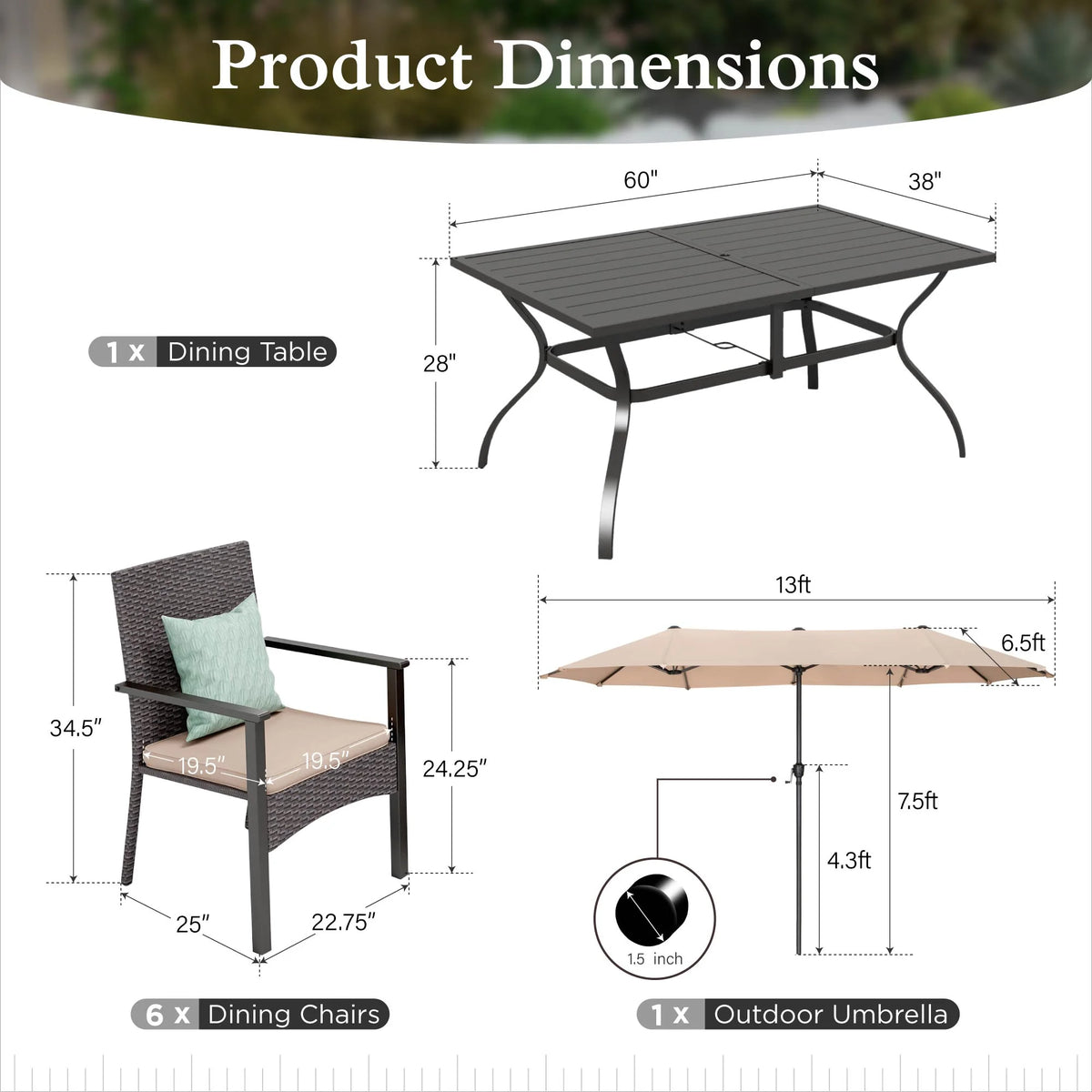 Alpha Joy 8-Piece Outdoor Patio Dining Set with 13 ft Umbrella, Rattan Chairs & Rectangle Table Set for 6, Beige Umbrella