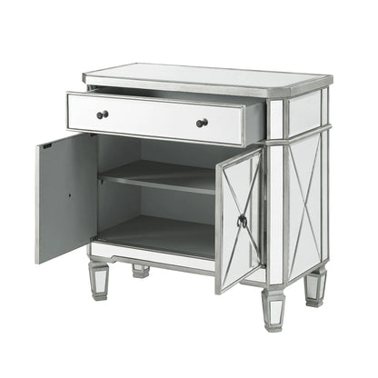 Powell Deville 2-Door Single Drawer Indoor Console Table with Shelves, Mirrored Surfaces and Luxe Silver Wood