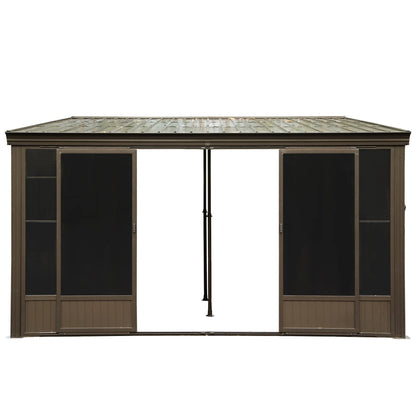 TOTAL Outdoor 10'x12' All-Season Sunroom Gazebo with Steel Roof, PVC Screen, Front & Side Door, Brown