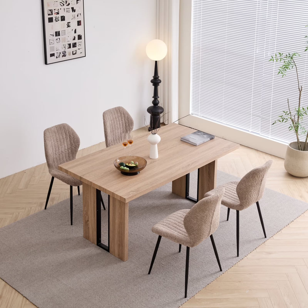 5pcs Rectangle Dining Table Chairs Set for 4, 63" Farmhouse Wood Kitchen Table with 4 Upholstered Mid Century Modern Boucle Chairs for Dinner, Living Dining Room, Apartment, Beige