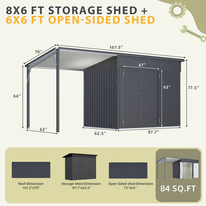 YODOLLA Outdoor Open-Sided Storage Shed, 3x5 Sheds & Outdoor Storage with 15 Sq. Ft Covered, 5x3 Small 2-in-1 Tool Shed with Attached Hardtop Metal Pergola Gazebo