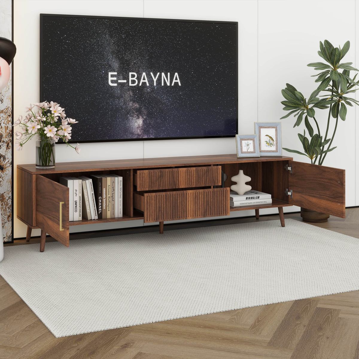 Runforrest Mid Century TV Stand with 2 Drawers, Media Console Table for TVs up to 80'' for Living room, Bedroom, Home Theatre, Walnut