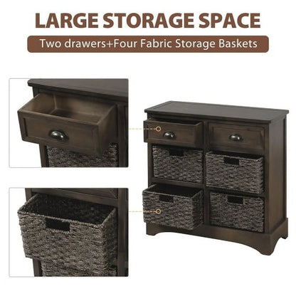 Rustic Storage Cabinet, Wood Accent Cabinet with 2 Drawers and 4 Rattan Baskets,Entryway Console Table Sofa Table for Living Room,Dining Room,White Washed