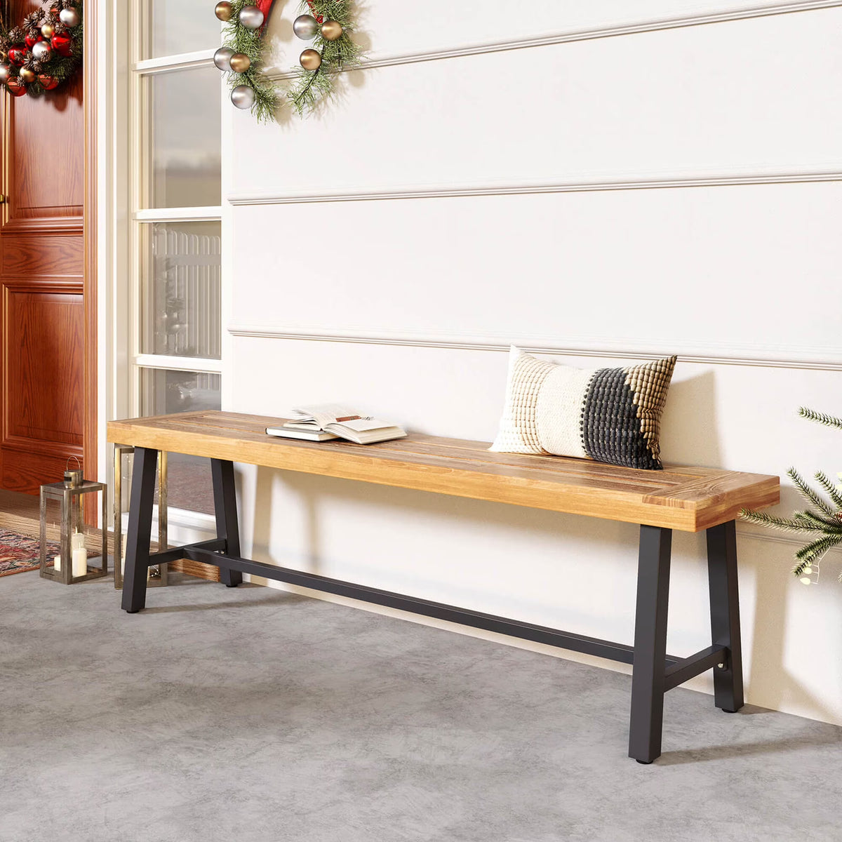 Costway 63" Long Outdoor Acacia Wood Bench Seats up to 3 Persons for Garden Porch