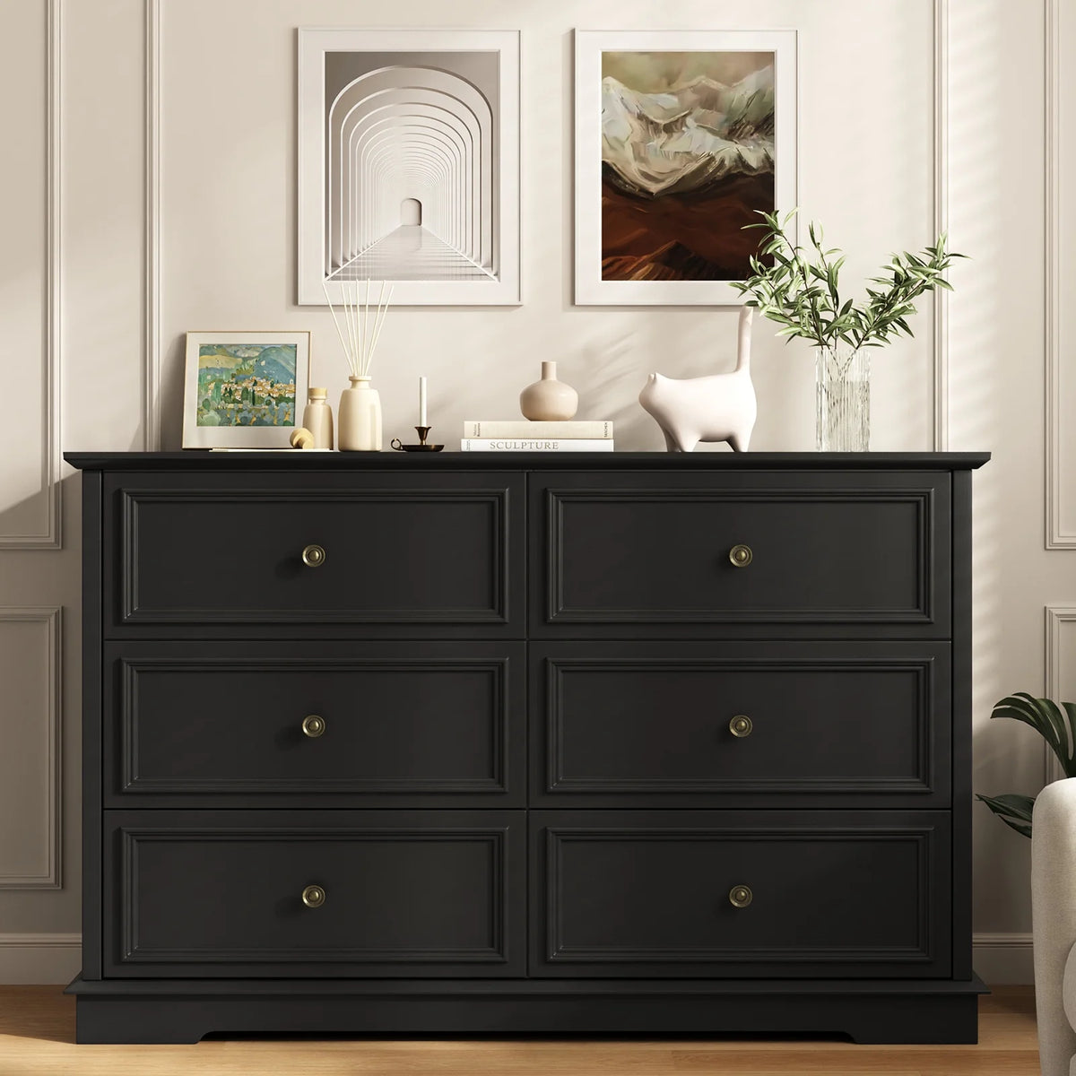 IDEALSOUL Black Dresser,6 Drawer Dresser for bedroom,Retro Wood Storage Cabinet for Living Room