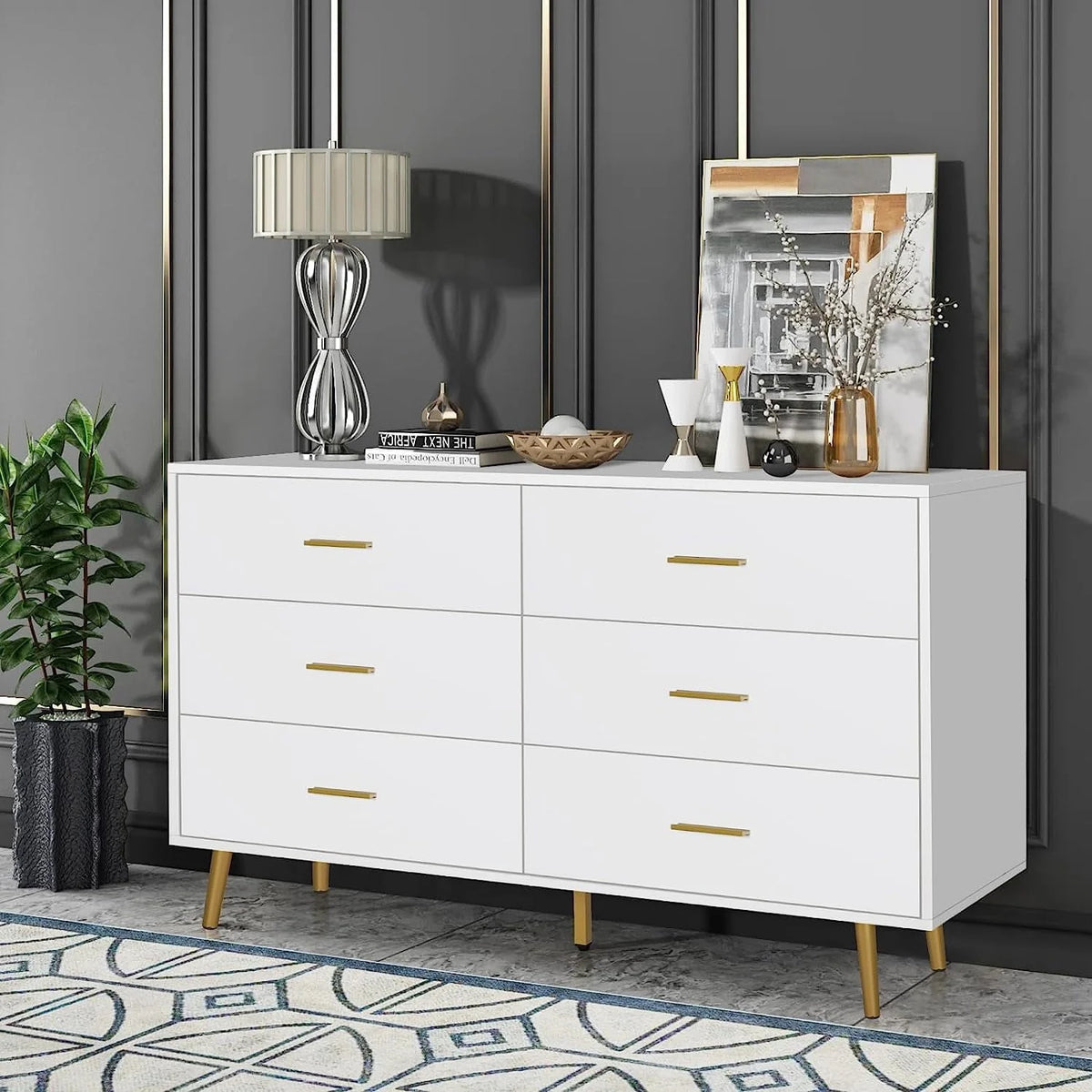 Polar Aurora Wood Dresser for Bedroom with 6 Drawers, Mid Century Modern Chests of Drawer with Metal Handles