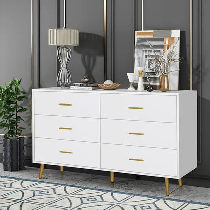 Polar Aurora Wood Dresser for Bedroom with 6 Drawers, Mid Century Modern Chests of Drawer with Metal Handles