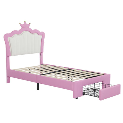 Miniyam Upholstered Twin Size Bed with LED Lights, Crown Headboard for Kids, Pink