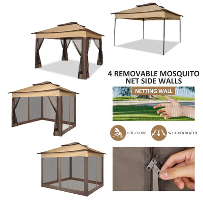 COBIZI 12x12 Outdoor Gazebo Pop Up Gazebo Canopy with Mosquito Netting Patio Tent Backyard Canopy with 2-Tiered Vented Top 3 Adjustable Height, Beige