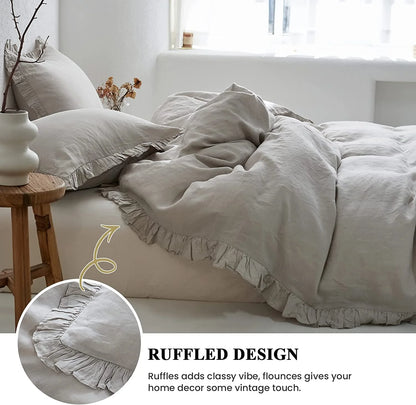 Simple&Opulence 100% Washed Linen Duvet Cover Set-3 Pieces Shabby Chic Premium Ruffled Bedding with 1 Comforter Cover and 2 Pillowshams France Flax High End Frill Sets Vintage Style(King, White)