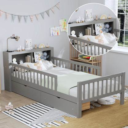 Euroco Wood Twin Size Platform Bed with Storage Headboard and Drawers, Low Profile Bed with Guardrails for Kids and Toddlers, White