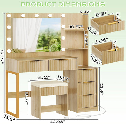 Ktaxon Flutted Makeup Vanity Table Set with 5 Drawer, Dressing Table w/Charging Station, Vanity Desk for Femal Gift, White