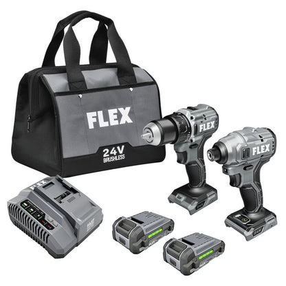 FLEX 24V Brushless Cordless 2-Tool Compact Combo Kit: 1/2-Inch 2-Speed Drill Driver and 1/4-Inch Hex Impact Driver with (2) 2.5Ah Lithium Batteries and 160W Fast Charger - FXM205-2A C30