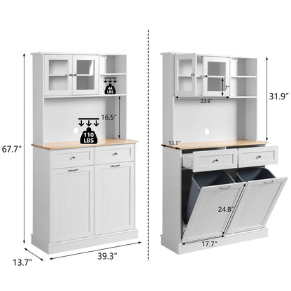 KIGOTY Dual Kitchen Trash Cabinet, Double Tilt Out Trash Can Cabinet with Countertop and Drawer, Free-Standing Pet Proof Recycling Cabinet Garbage Can Holder, Wood (White)
