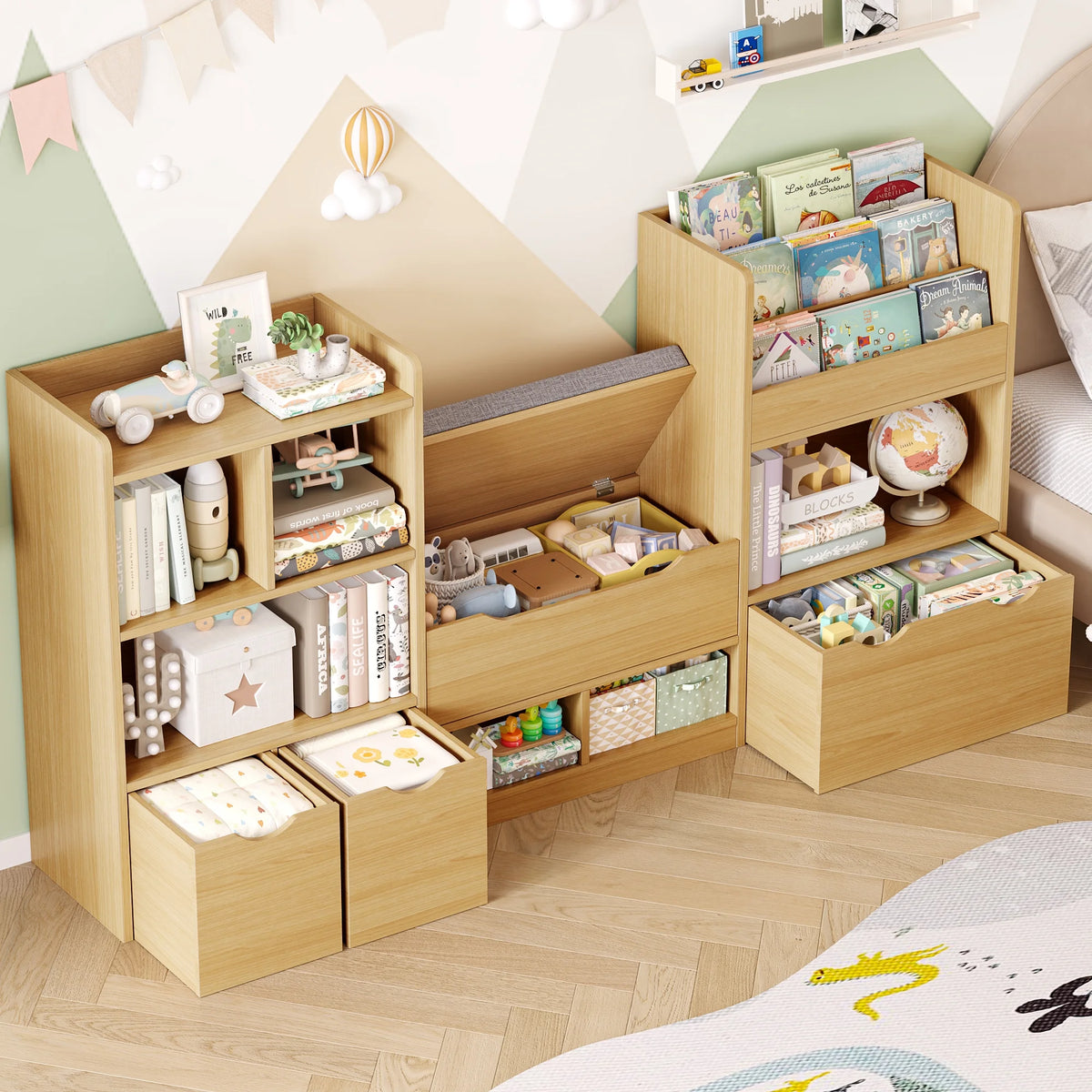 Hiphuta 72"Wide Kids Bookcase with Reading Nook and Under Bench Storage, Wooden Toy Storage Organizer & Book Rack for Kids Room, White