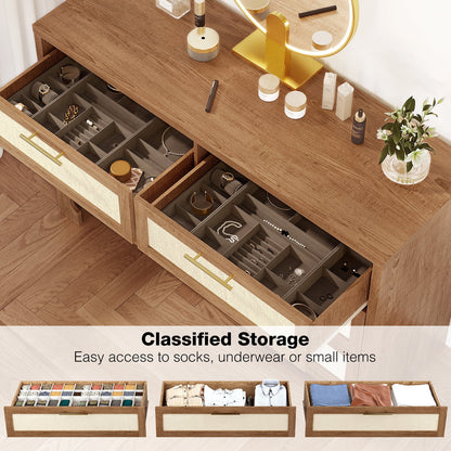 Homhougo White Dresser for Bedroom 6 Drawer, Wood Organizer Storage Cabinet with Gray Strip Drawer Door, Chest of Drawers for Closet, Living Room, Hallway, Nursery, Kids Bedroom
