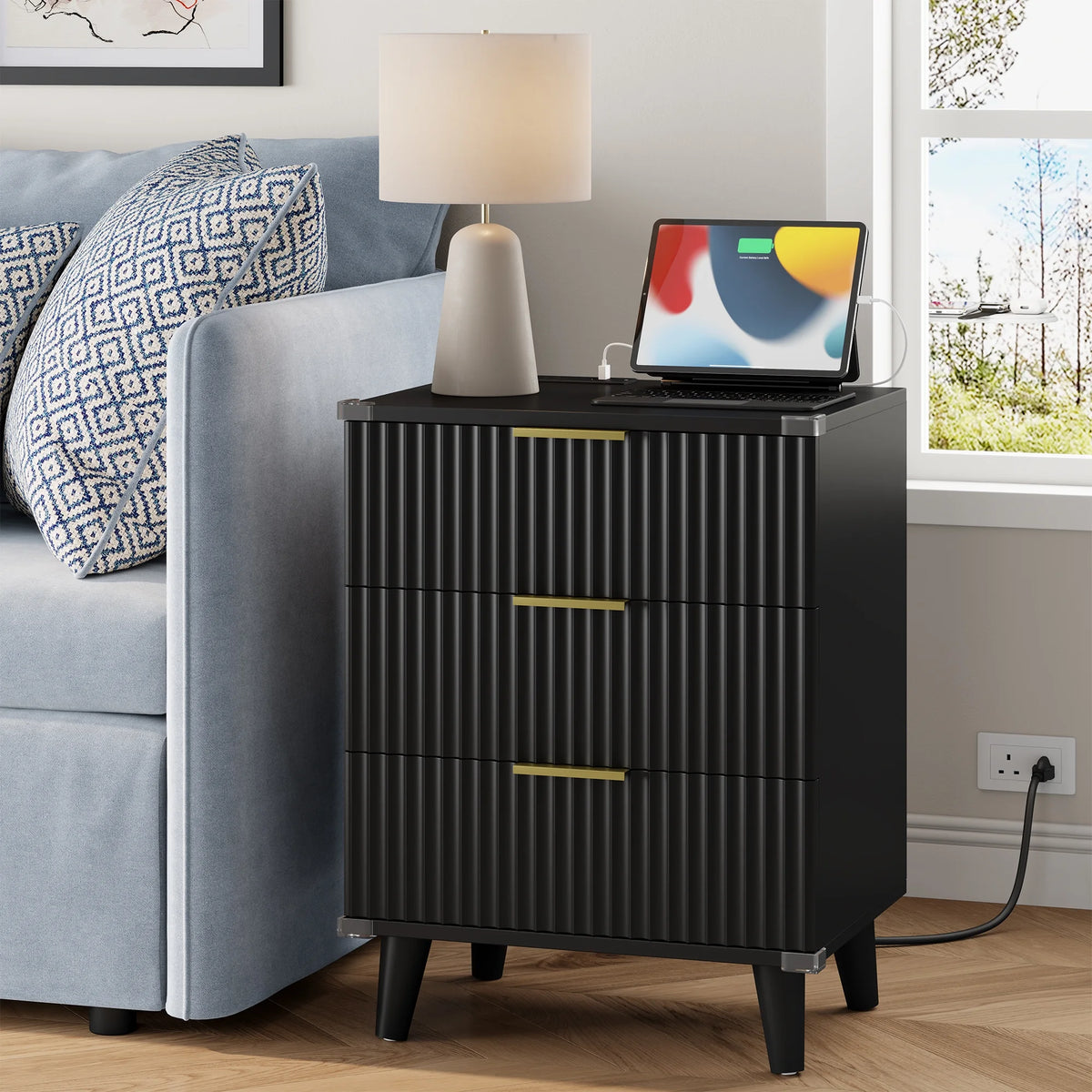 GIKPAL Bedroom Dresser and Nightstand 3 Piece Set - Includes Boho Double 6 Drawer Storage Dresser, Nightstand Set of 2 with Charging Station, Modern Bedroom Set, Natural