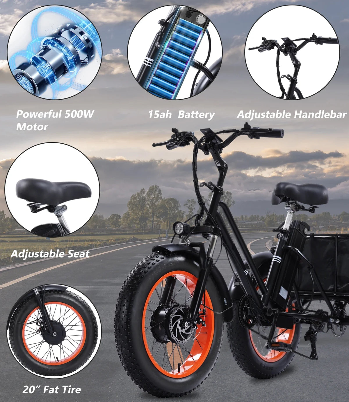 YEBEI Electric Tricycle for Adults Folding E-Trike Motorized Tricycle Electric 3 Wheels Trike Powerful 500W Motor Electric Tricycle 48V15AH Lithium Battery Max 20MPH 20*4.0” Fat Tire Orange
