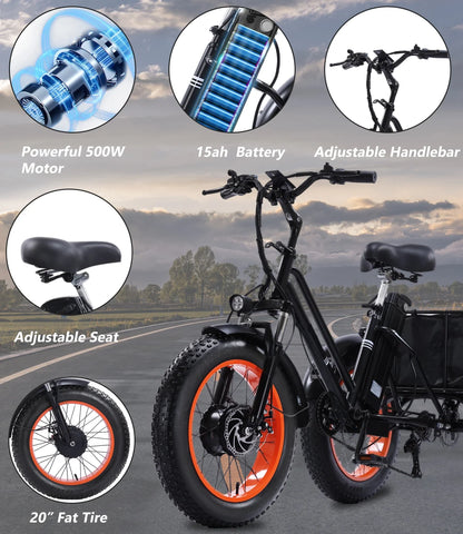 YEBEI Electric Tricycle for Adults Folding E-Trike Motorized Tricycle Electric 3 Wheels Trike Powerful 500W Motor Electric Tricycle 48V15AH Lithium Battery Max 20MPH 20*4.0” Fat Tire Orange