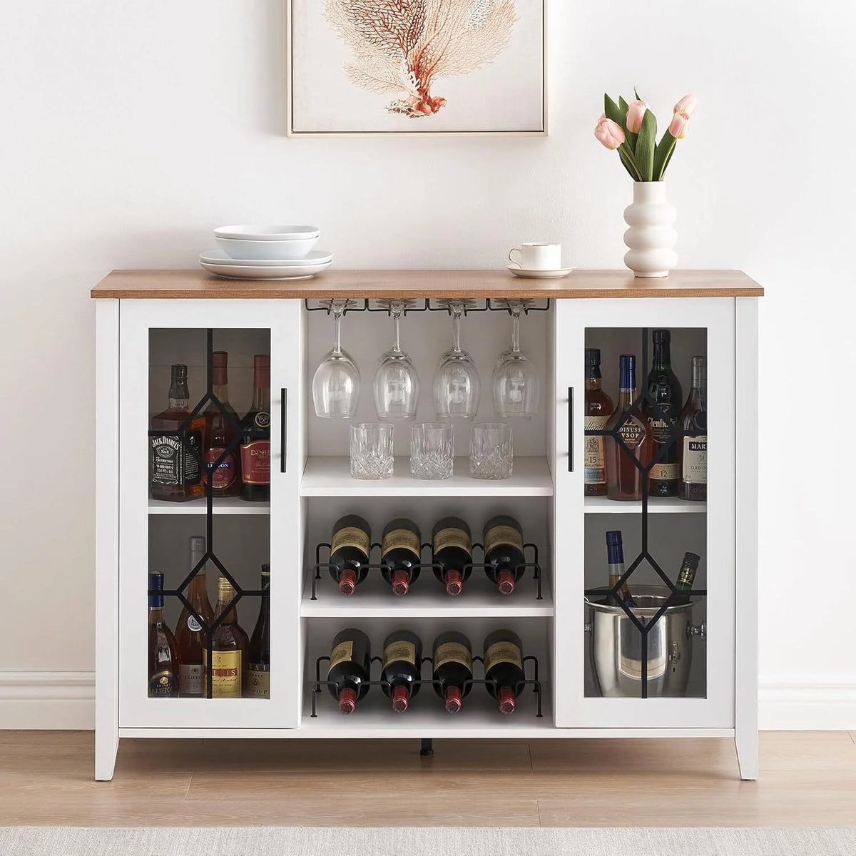 FOLDLIFE Wine Bar Cabinet with LED Lights, Liquor Cabinet Bar with Storage Cabinet, Coffee Cabinet with Bottles and Glass Rack, Buffet Sideboard with Storage Cabinet&Drawers,Dark Grey