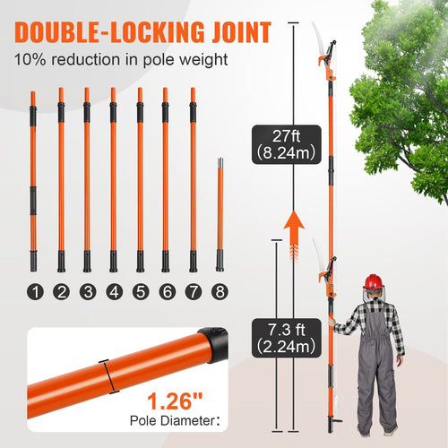 Extendable Manual Pole Saw 7.3-27 ft, Tree Pruner with Sharp Steel Blade and Scissors, Lightweight Fiberglass Pole for Trimming High Branches on Palms and Shrubs
