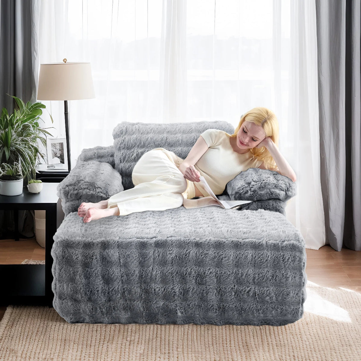 Ktaxon 68" Lounge Chair, Bubble Fleece Fabric Sofa Bed, Boneless Sleeper Chaise with Removable Backrest & Pillow-Top Armrests for Living Room White