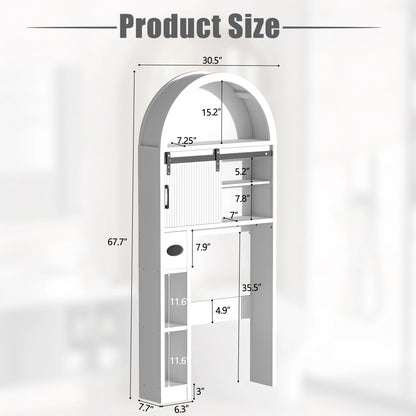 HARIPUL Over The Toilet Storage Cabinet w/ Unique Wood Grain & Arc Design, Freestanding Bathroom Shelf Organizer Space Saver w/ Doors & Anti-Tip Device, Wood Color
