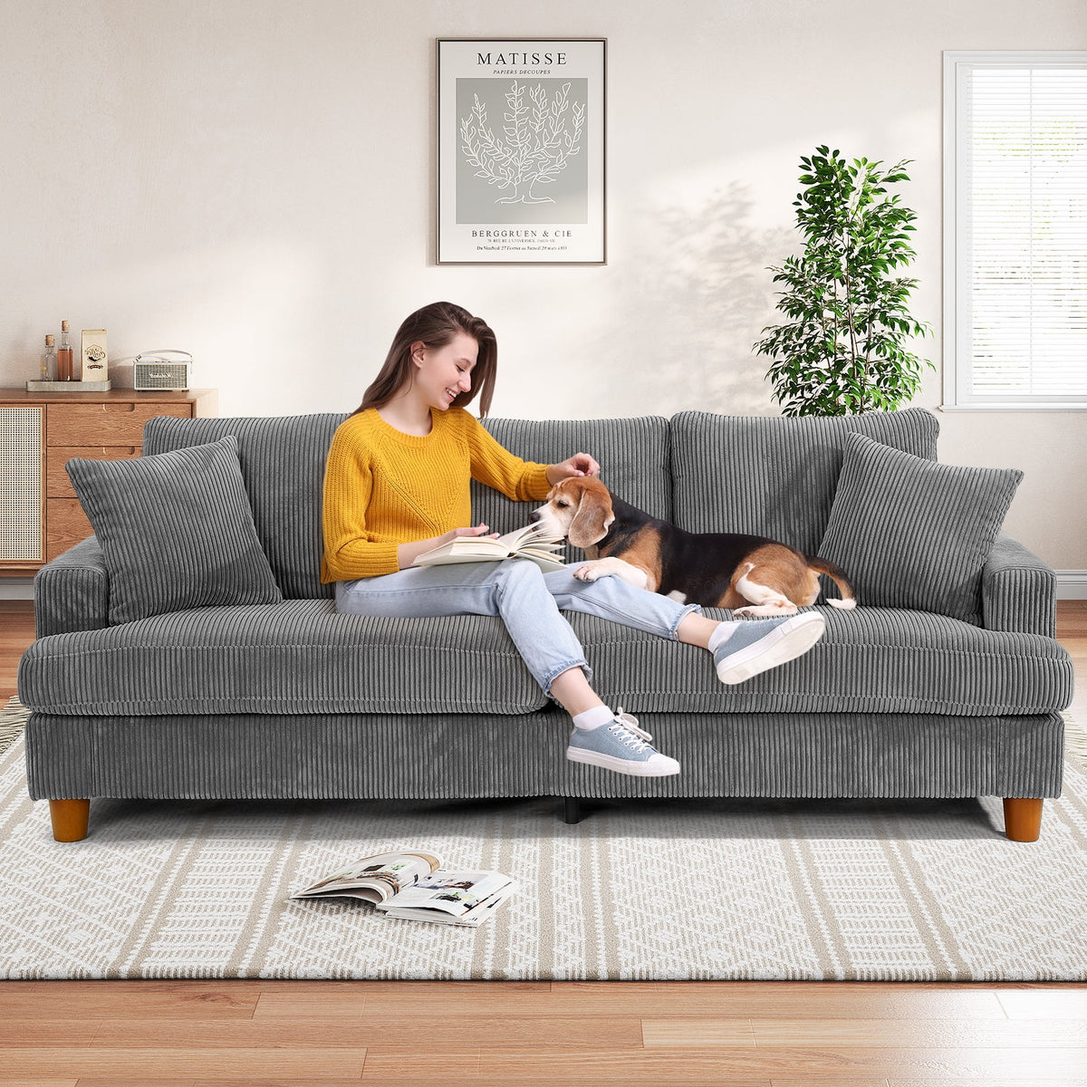 87" Corduroy Sofa,3 Seater Sofa with Extra Deep Seats,Neche Comfy Upholstered Couch for Living Room,2 Pillows,Green