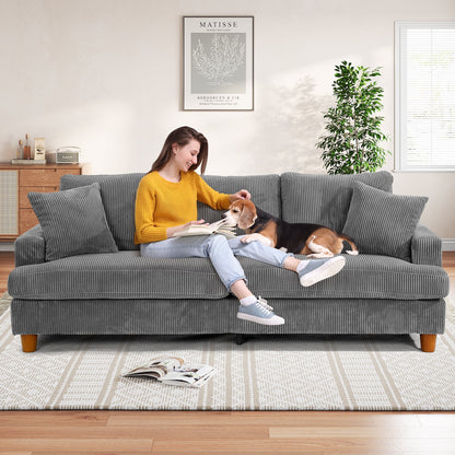87" Corduroy Sofa,3 Seater Sofa with Extra Deep Seats,Neche Comfy Upholstered Couch for Living Room,2 Pillows,Green