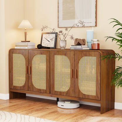 Modern Rattan Sideboard Buffet Cabinet, Kitchen Storage Cabinet, Living Room TV Stand for TVs up to 65", Entertainment Center with Adjustable Shelf, for Dining Living Room Hallway, White