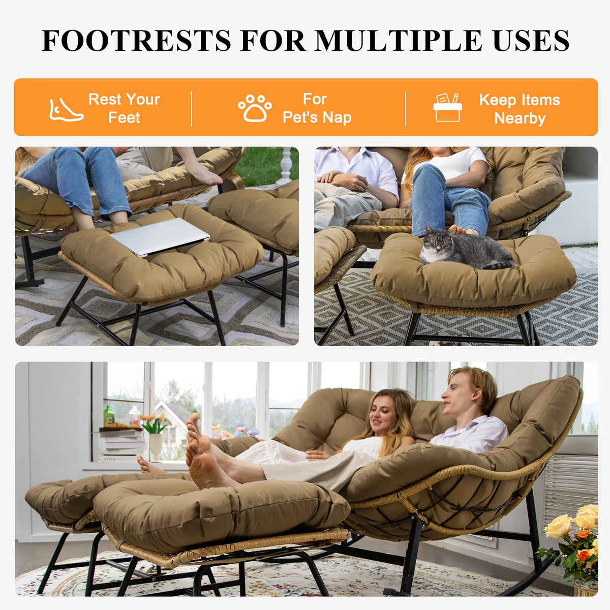 RADIATA Beige Double Outdoor Rocking Chair, 2 Person Patio Rocking Egg Chair with Thick Cushion