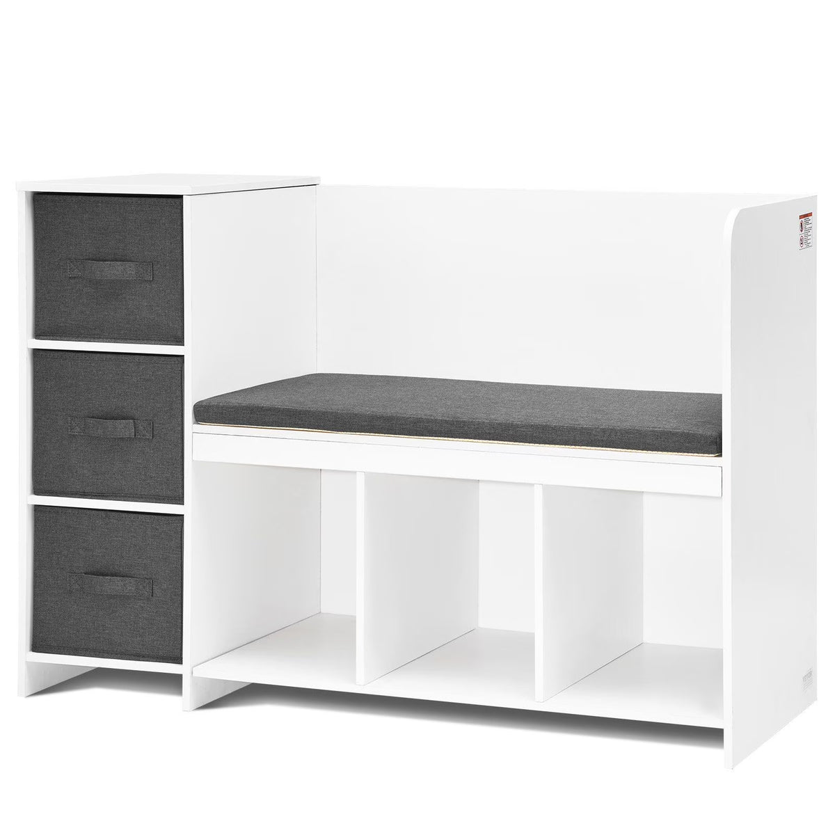 Kids Reading Nook Bench with 6-Cubby Storage, 3 Drawers & Removable Cushion, Toddler Bookshelf Organizer for Playroom Bedroom Living Room Entryway, White Wooden Toy Chest