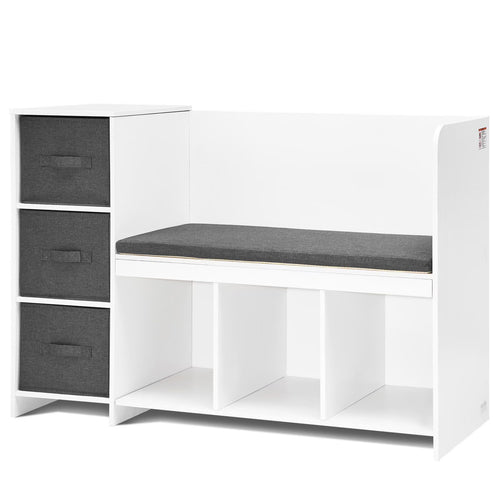 Kids Reading Nook Bench with 6-Cubby Storage, 3 Drawers & Removable Cushion, Toddler Bookshelf Organizer for Playroom Bedroom Living Room Entryway, White Wooden Toy Chest