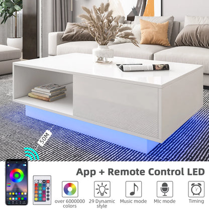 Hommpa LED Coffee Table Modern Side Tables High Gloss Black Cocktail Table with 2 Drawers Open Shelf for Living Room