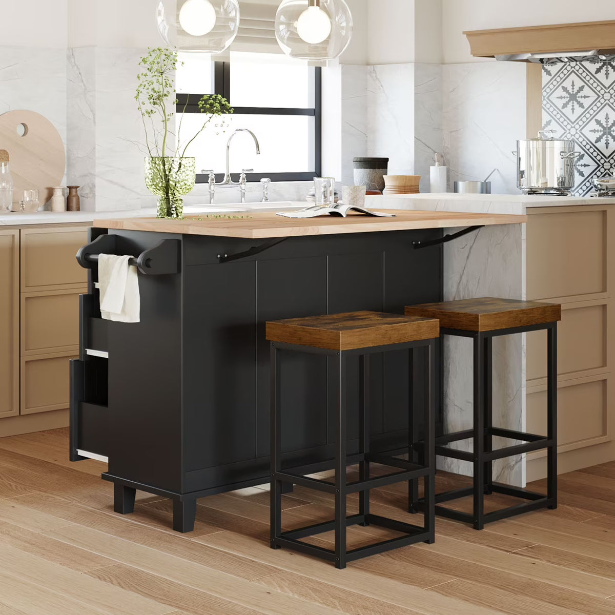 Kitchen Island with Storage, Portable Kitchen Island on Wheels with Drop-Leaf and 2 Stools, Built-in 4 Drawers and Towel Rack, Rolling Kitchen Island Cart for Home, Kitchen and Dining Room, White