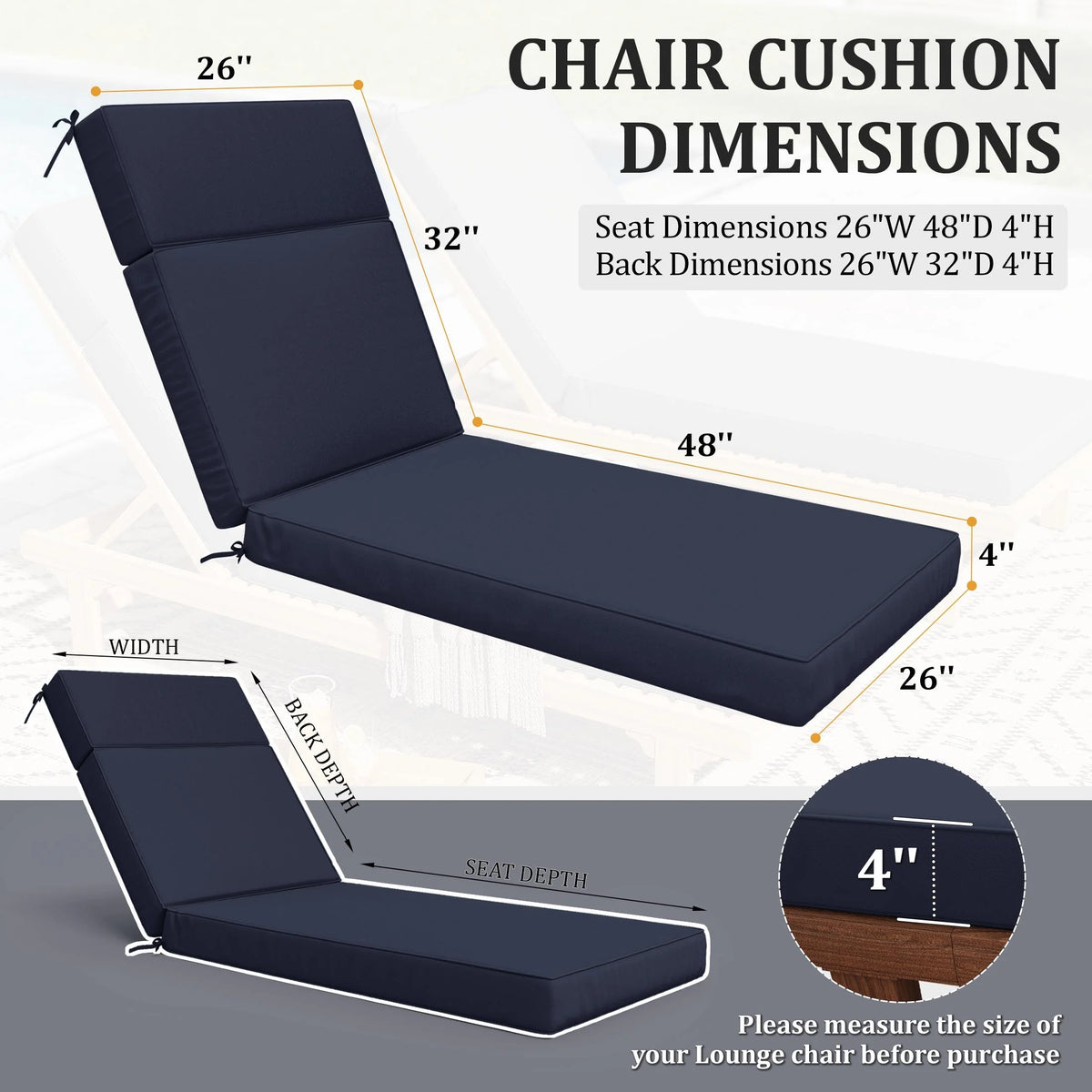Kimunuk Outdoor Chaise Lounge Cushions set of 2, 80" x 26" x 4" Waterproof Pool Beach Recliner Replacement Cushions with Ties, Navy
