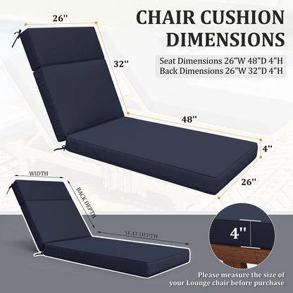 Kimunuk Outdoor Chaise Lounge Cushions set of 2, 80" x 26" x 4" Waterproof Pool Beach Recliner Replacement Cushions with Ties, Navy
